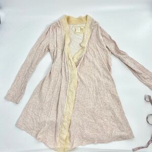 E by Eloise Anthropologie Cream Neutral Oatmeal Jersey Lace Tie Robe